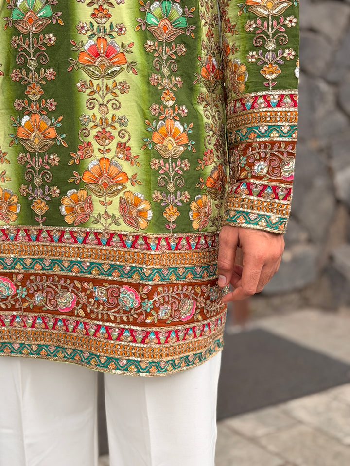 GREEN FLORAL POSITION EMBROIDERED KURTA