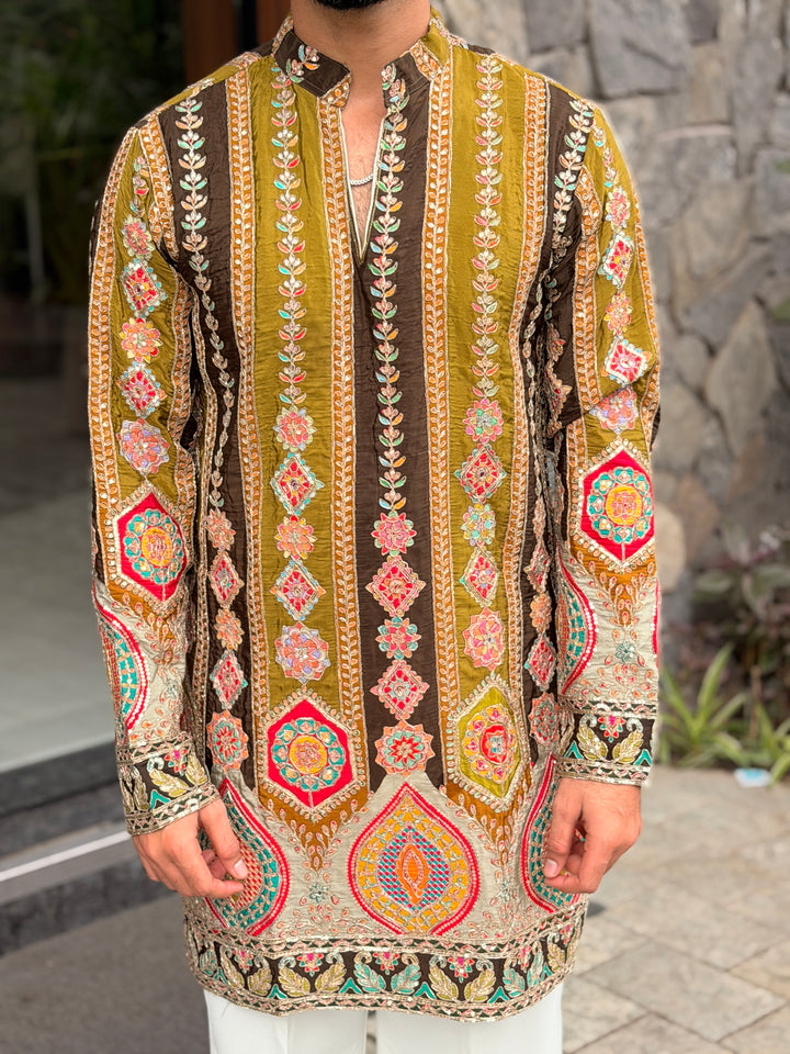 OLIVE GREEN DARBAR POSITION EMBROIDERED SHORT KURTA