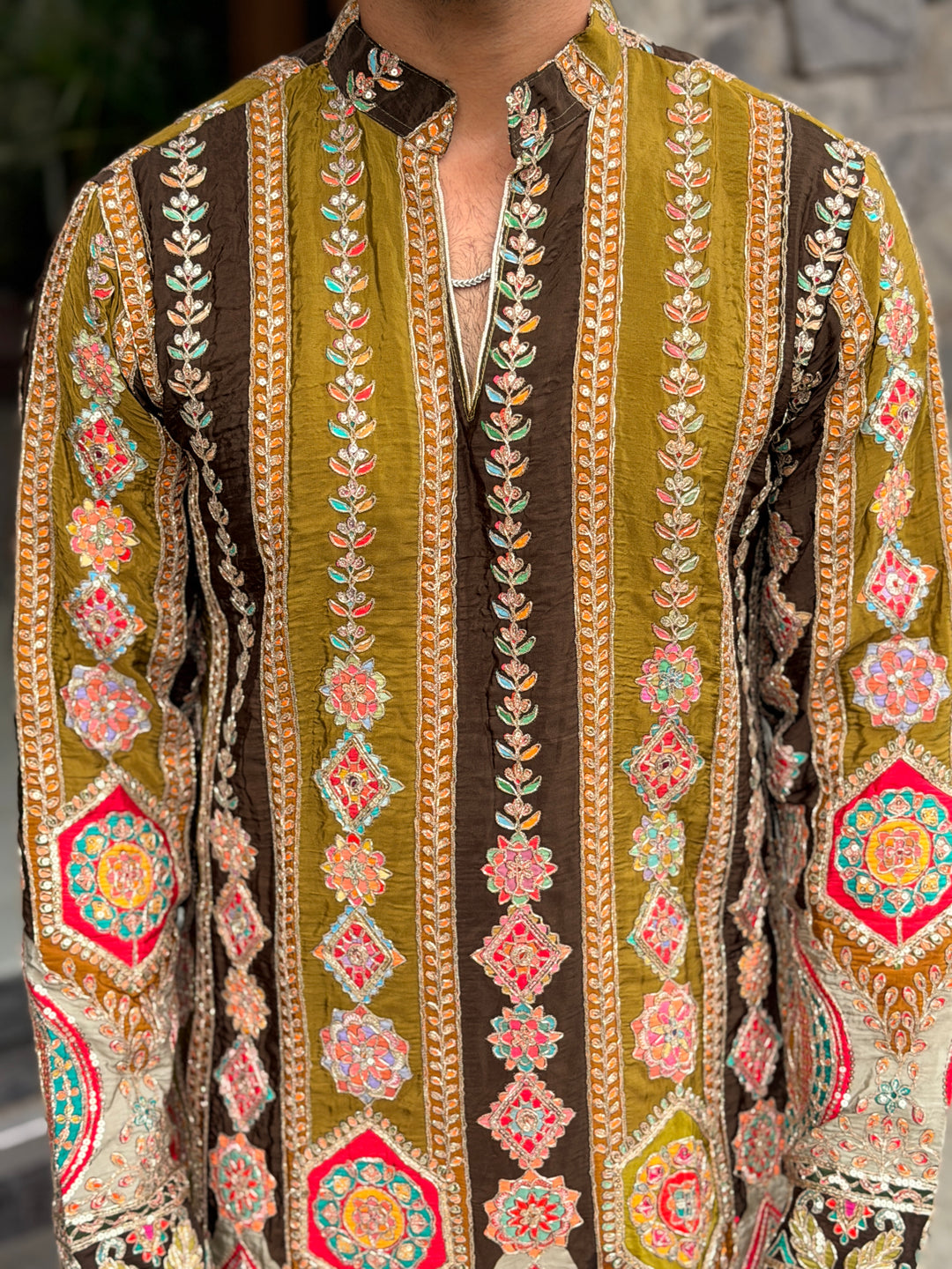 OLIVE GREEN DARBAR POSITION EMBROIDERED SHORT KURTA