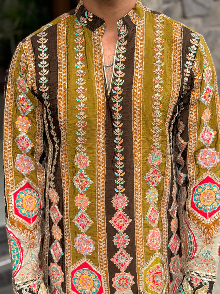 OLIVE GREEN DARBAR POSITION EMBROIDERED SHORT KURTA