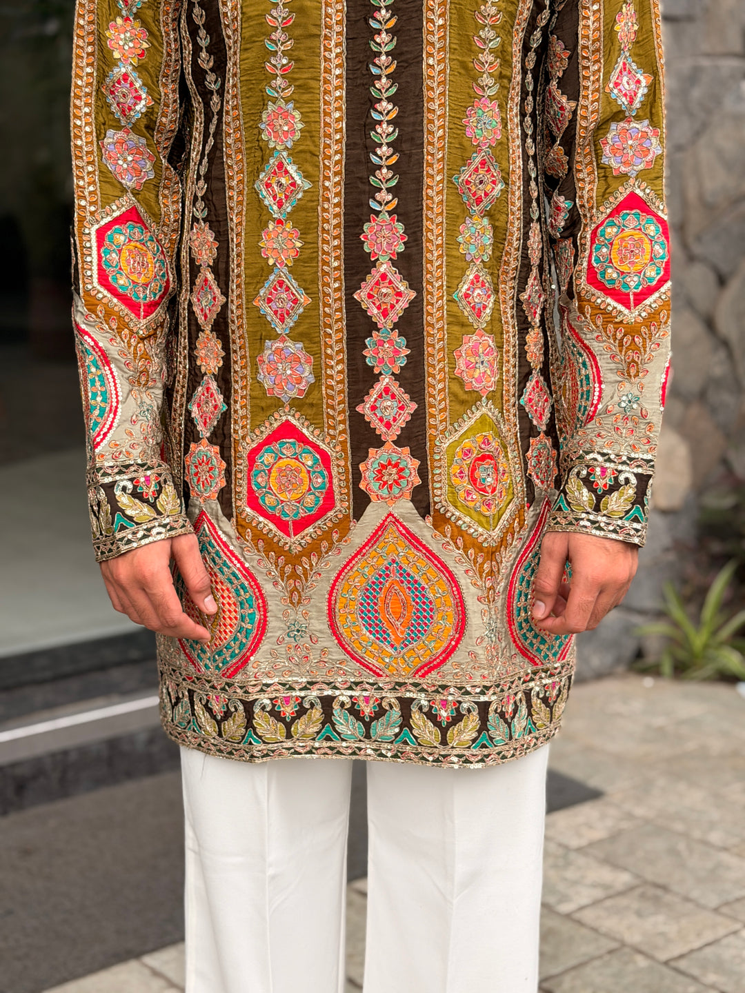 OLIVE GREEN DARBAR POSITION EMBROIDERED SHORT KURTA
