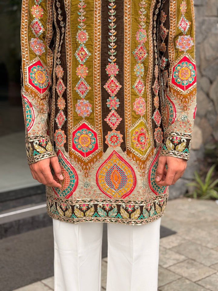 OLIVE GREEN DARBAR POSITION EMBROIDERED SHORT KURTA