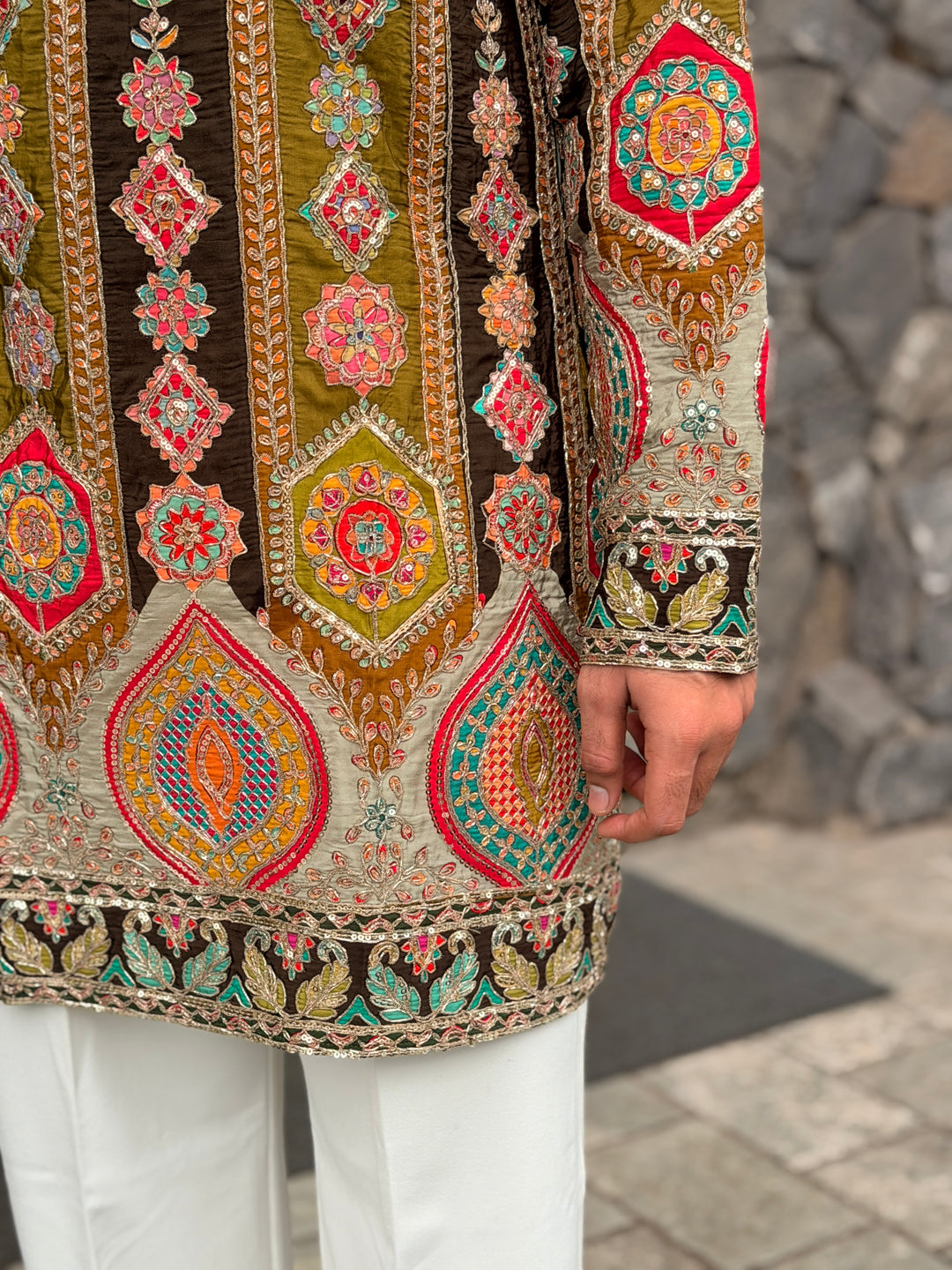 OLIVE GREEN DARBAR POSITION EMBROIDERED SHORT KURTA