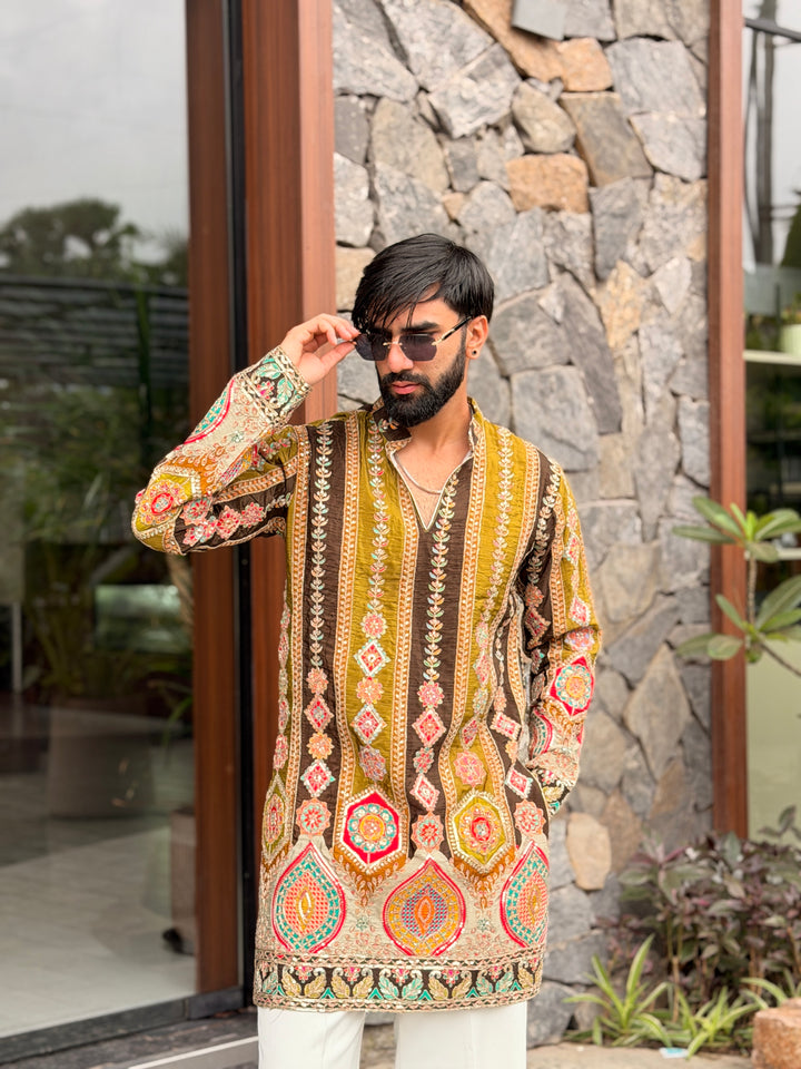 OLIVE GREEN DARBAR POSITION EMBROIDERED SHORT KURTA