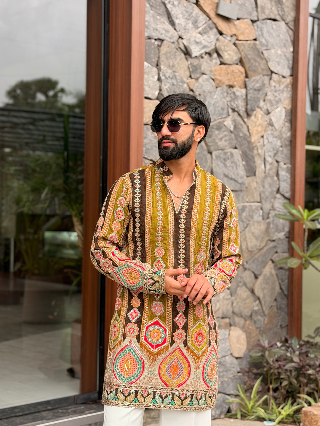 OLIVE GREEN DARBAR POSITION EMBROIDERED SHORT KURTA