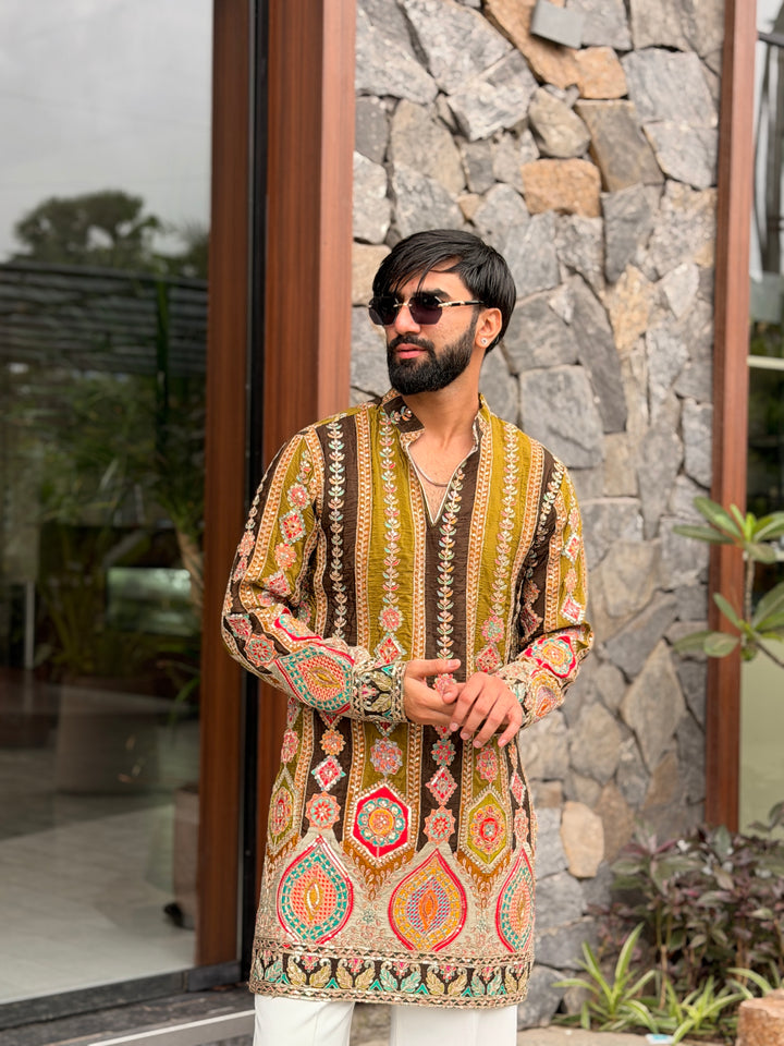 OLIVE GREEN DARBAR POSITION EMBROIDERED SHORT KURTA