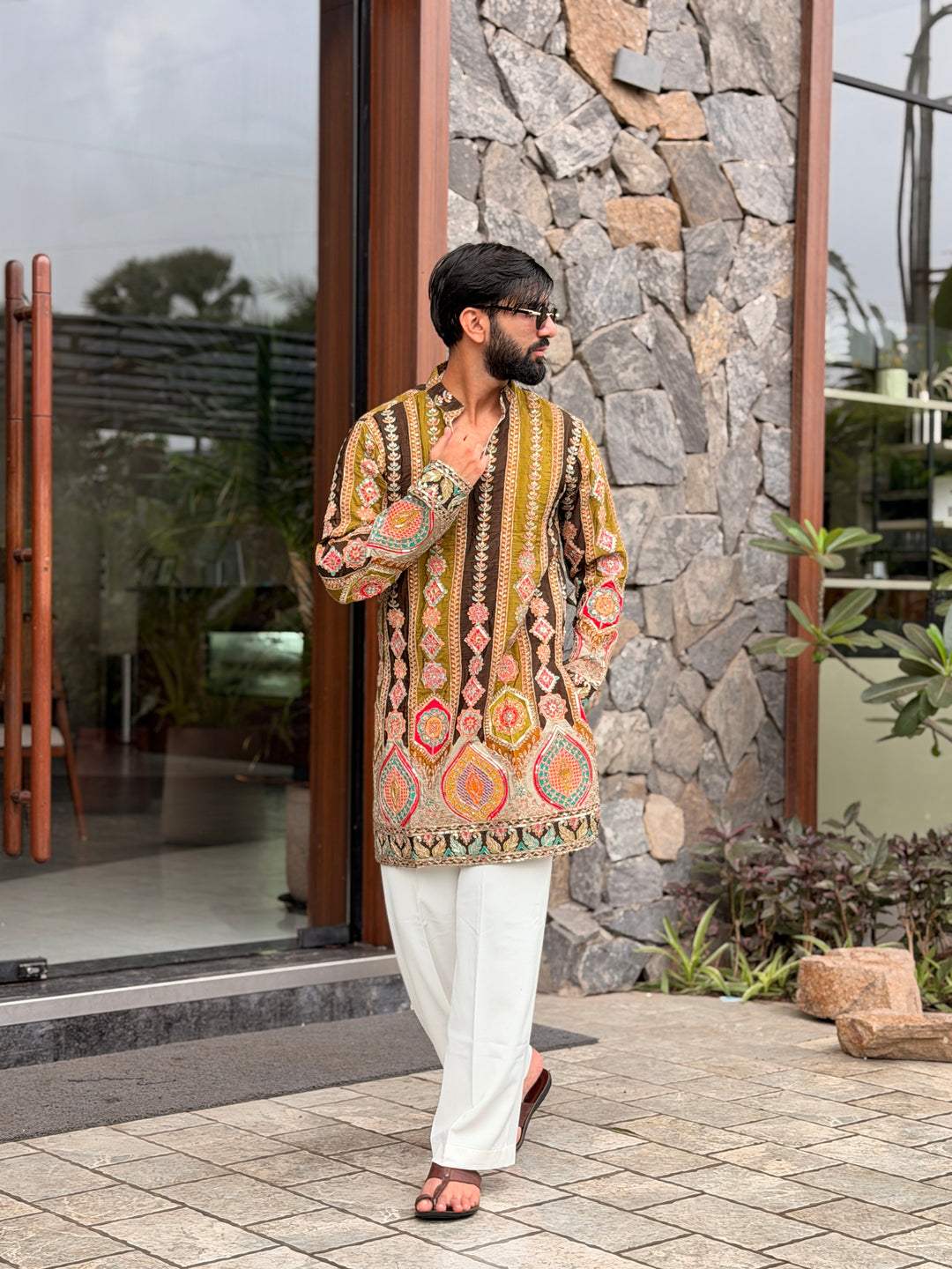 OLIVE GREEN DARBAR POSITION EMBROIDERED SHORT KURTA