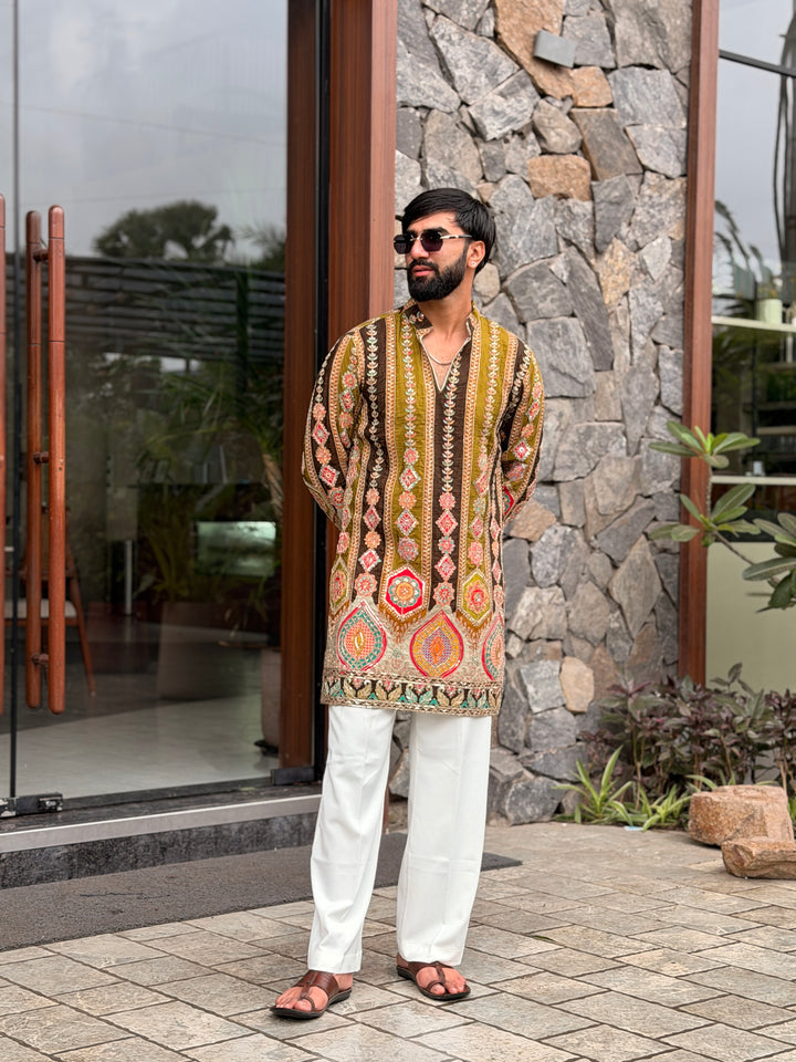 OLIVE GREEN DARBAR POSITION EMBROIDERED SHORT KURTA