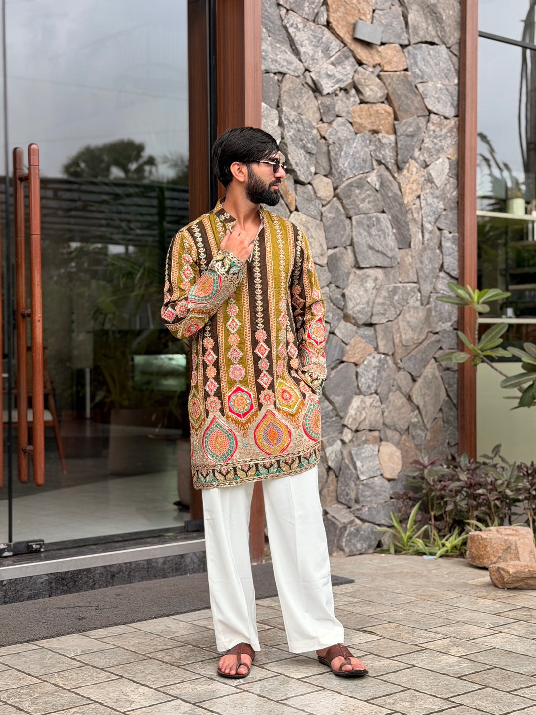OLIVE GREEN DARBAR POSITION EMBROIDERED SHORT KURTA