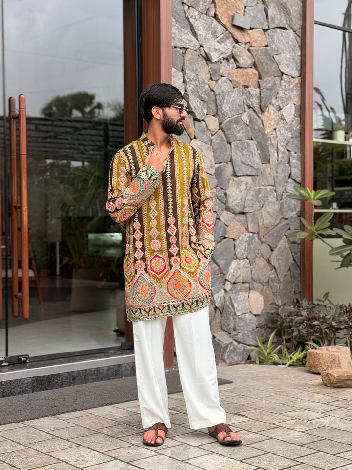 OLIVE GREEN DARBAR POSITION EMBROIDERED SHORT KURTA