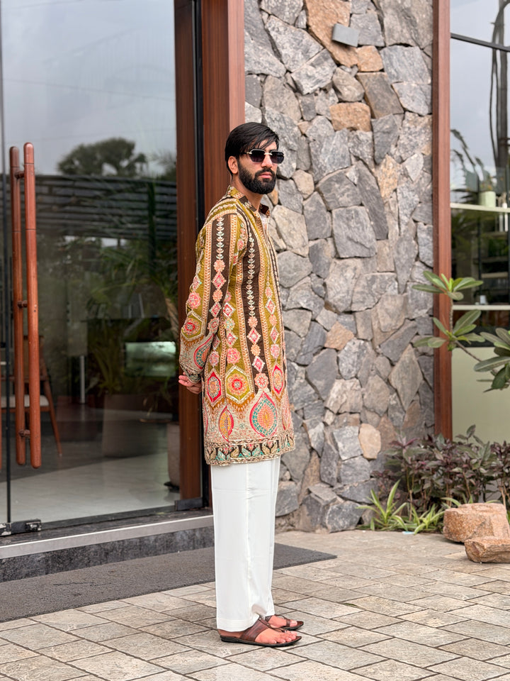 OLIVE GREEN DARBAR POSITION EMBROIDERED SHORT KURTA
