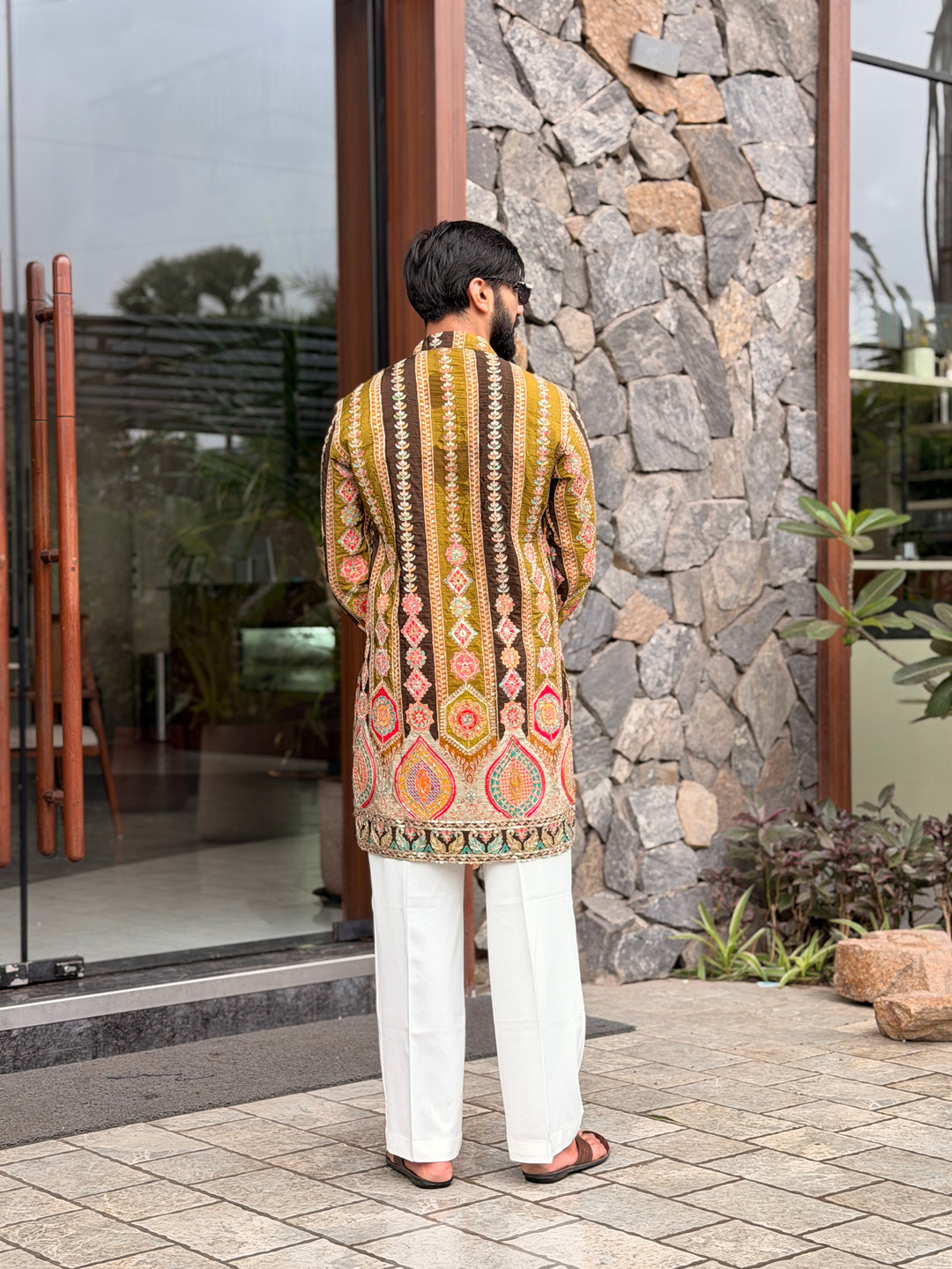 OLIVE GREEN DARBAR POSITION EMBROIDERED SHORT KURTA
