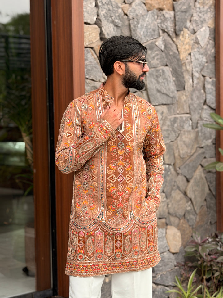 KESARIYA POSITION EMBROIDERED SHORT KURTA