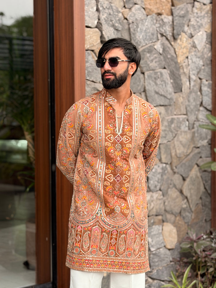KESARIYA POSITION EMBROIDERED SHORT KURTA