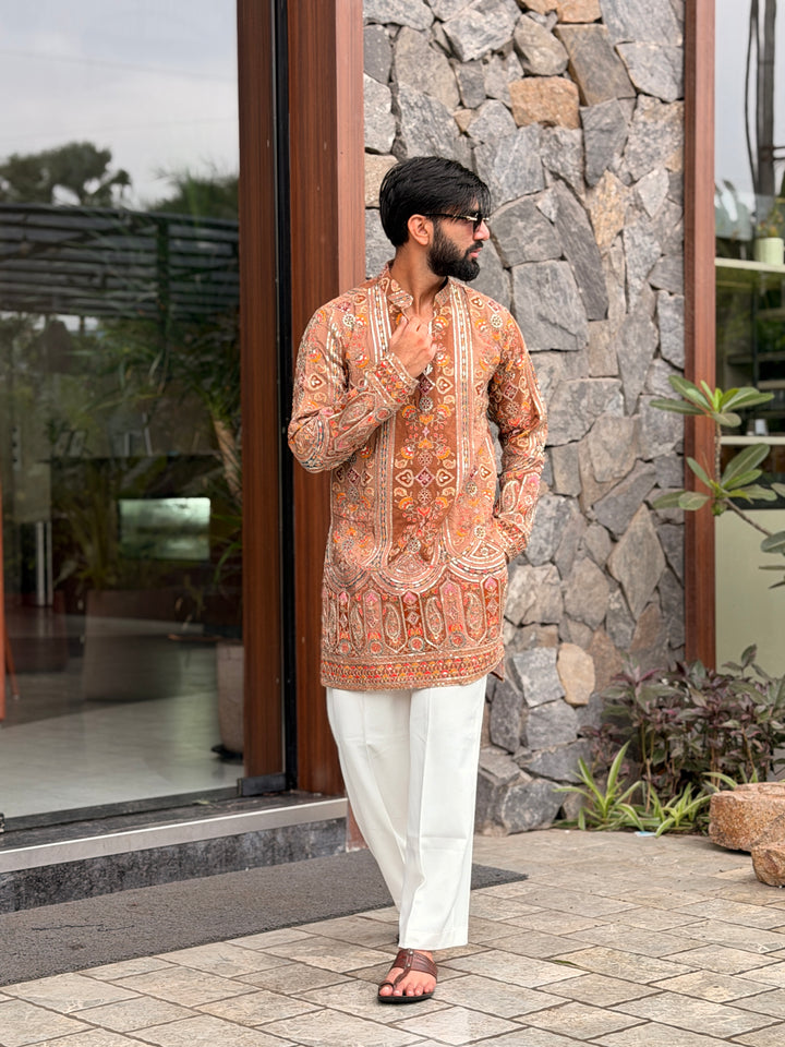 KESARIYA POSITION EMBROIDERED SHORT KURTA