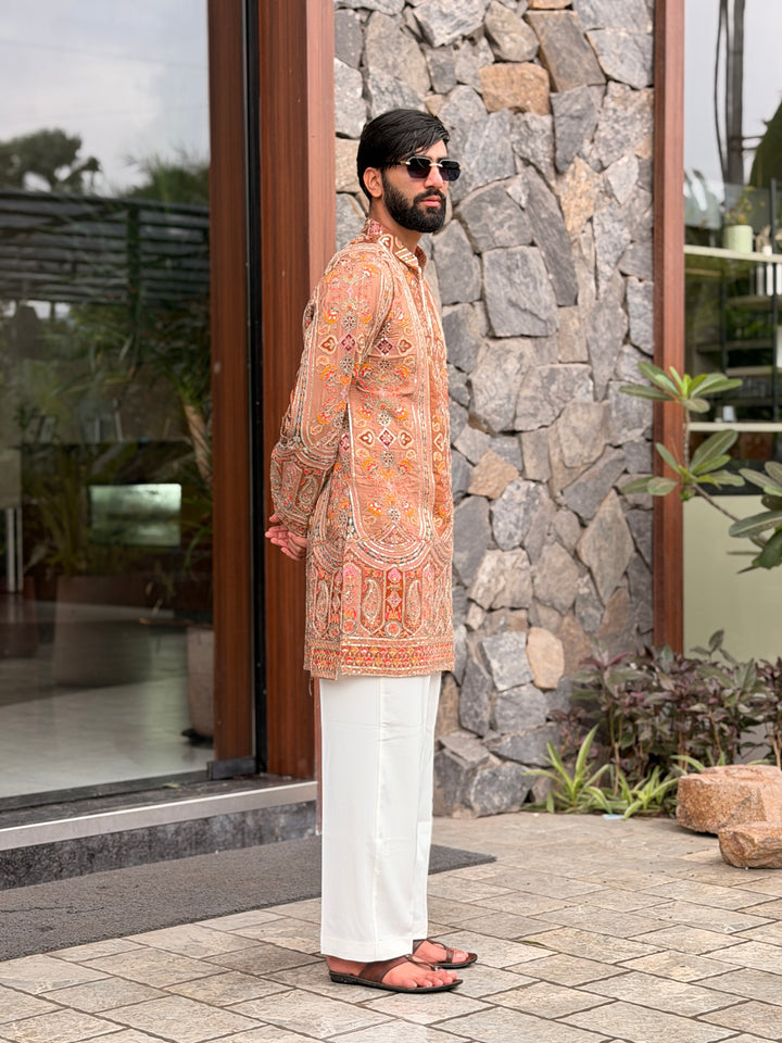 KESARIYA POSITION EMBROIDERED SHORT KURTA