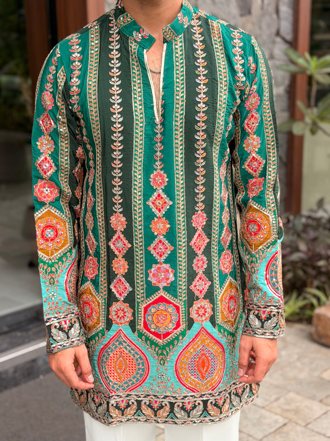 DARK GREEN DARBAR POSITION EMBROIDERED SHORT KURTA