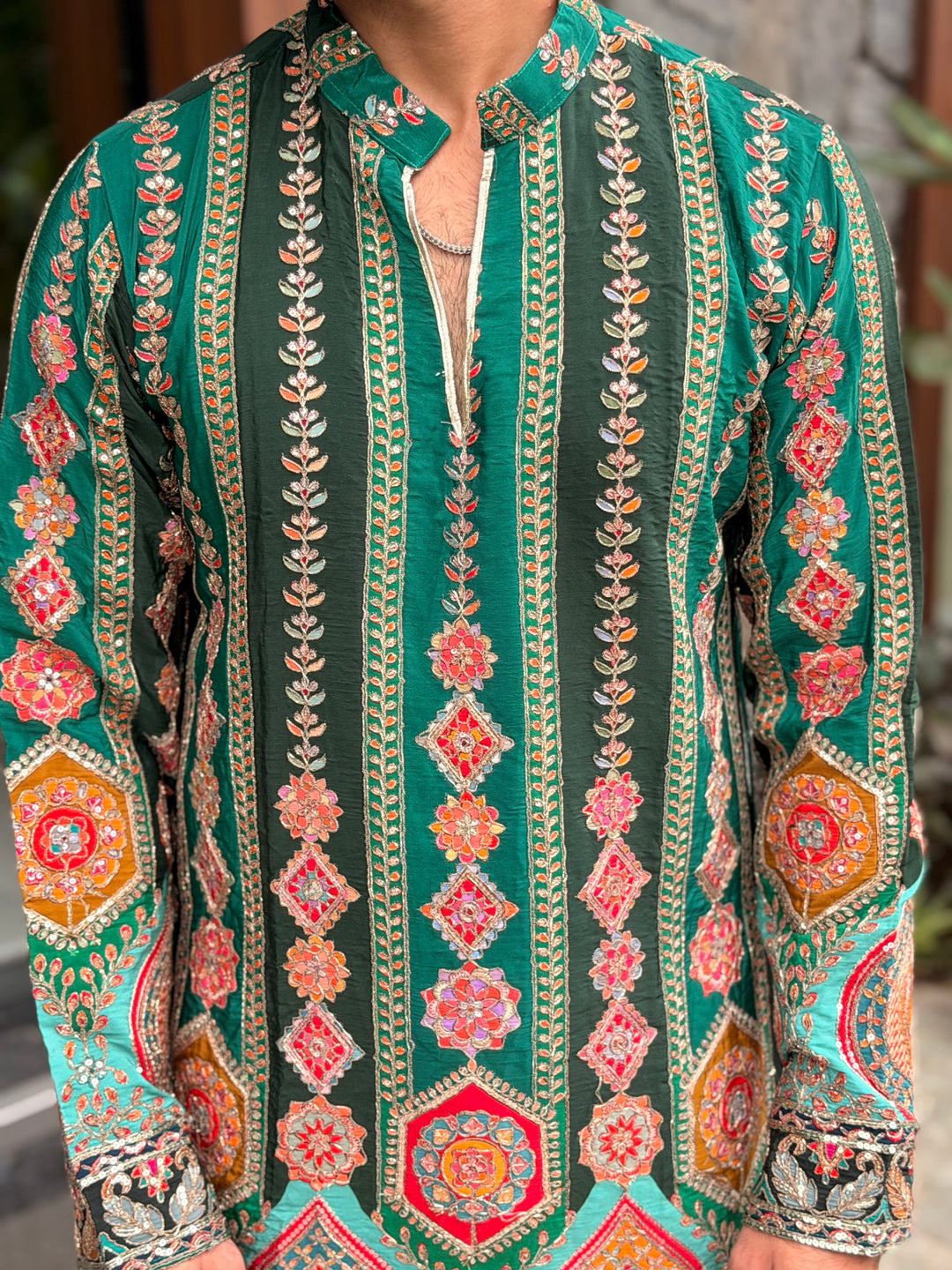 DARK GREEN DARBAR POSITION EMBROIDERED SHORT KURTA