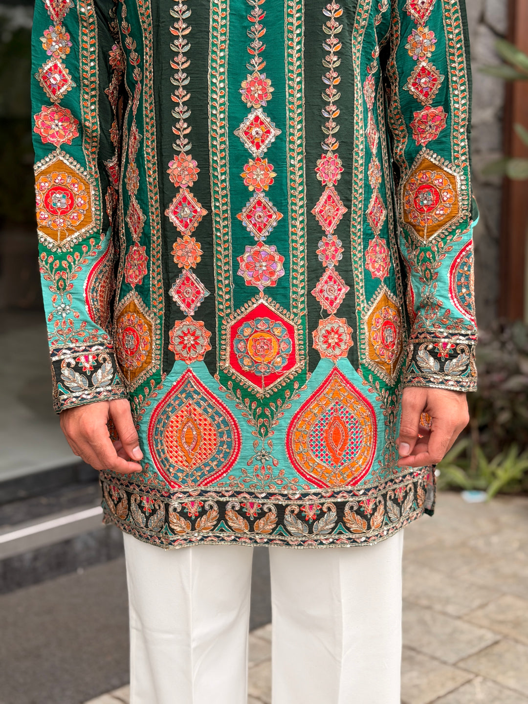 DARK GREEN DARBAR POSITION EMBROIDERED SHORT KURTA