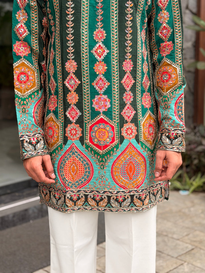 DARK GREEN DARBAR POSITION EMBROIDERED SHORT KURTA