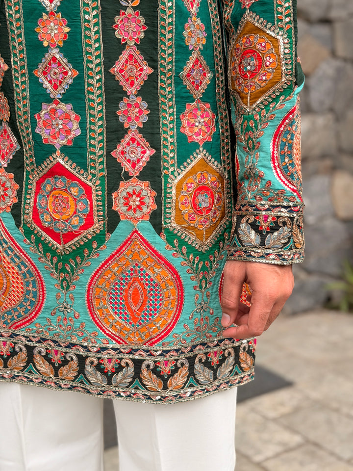 DARK GREEN DARBAR POSITION EMBROIDERED SHORT KURTA