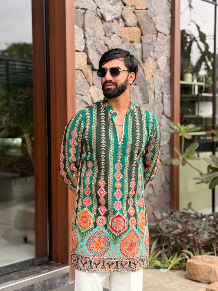 DARK GREEN DARBAR POSITION EMBROIDERED SHORT KURTA