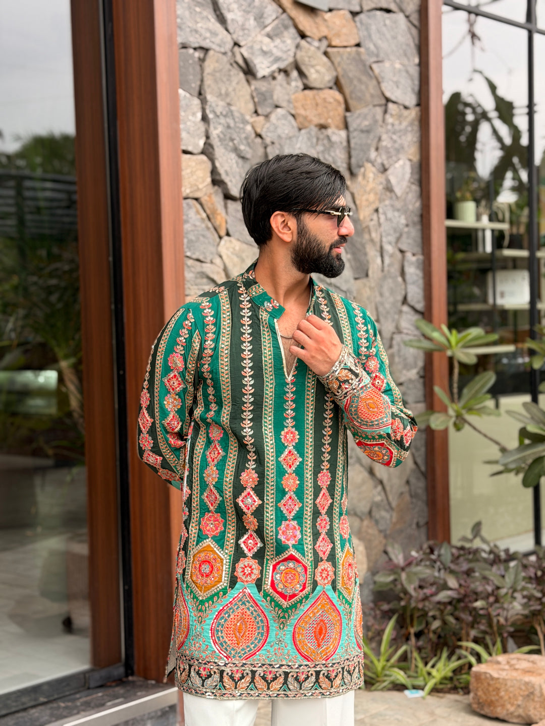 DARK GREEN DARBAR POSITION EMBROIDERED SHORT KURTA