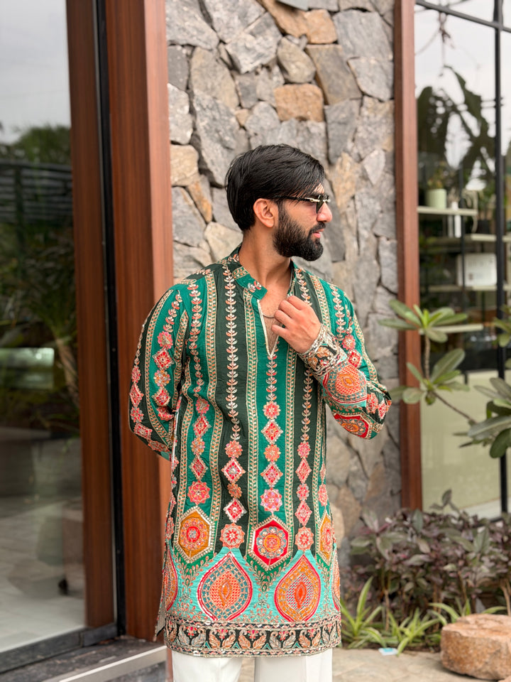 DARK GREEN DARBAR POSITION EMBROIDERED SHORT KURTA