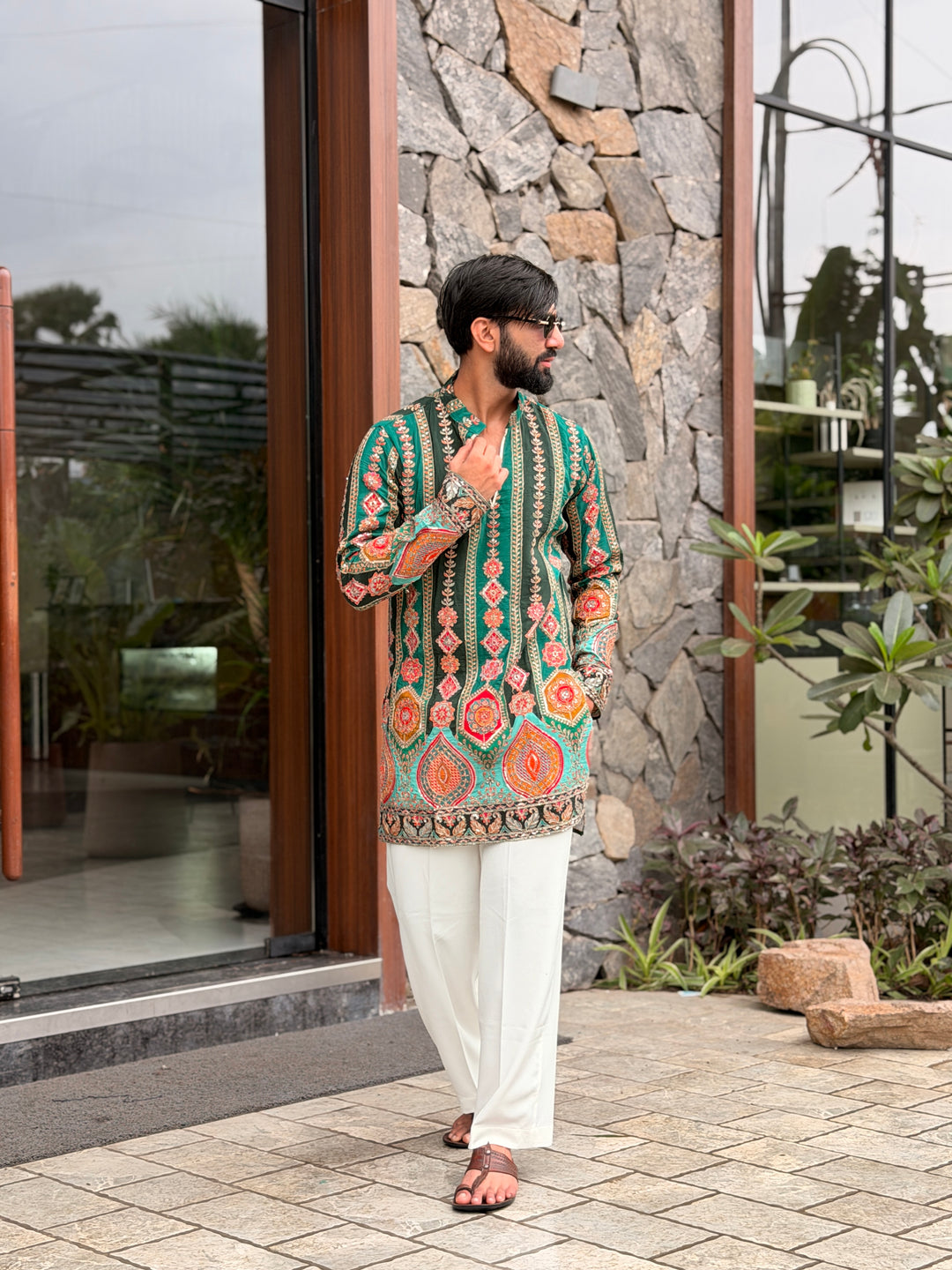 DARK GREEN DARBAR POSITION EMBROIDERED SHORT KURTA