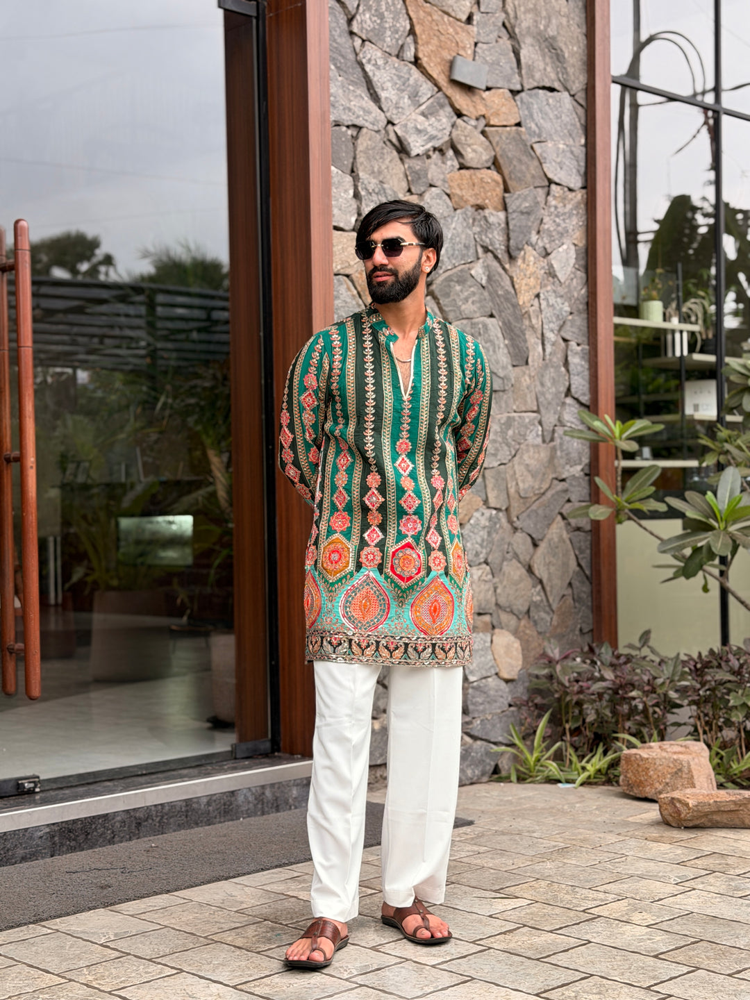 DARK GREEN DARBAR POSITION EMBROIDERED SHORT KURTA