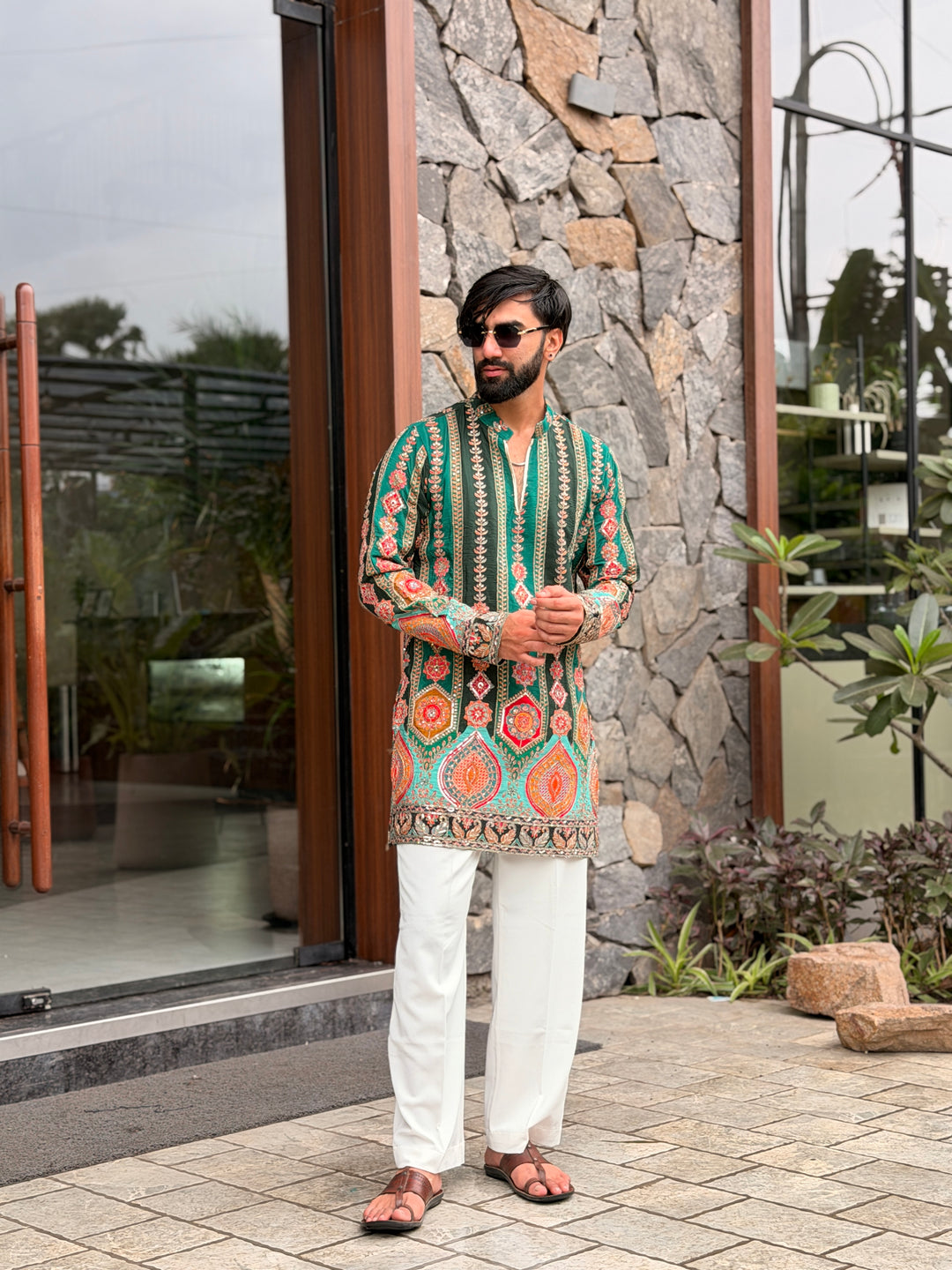 DARK GREEN DARBAR POSITION EMBROIDERED SHORT KURTA