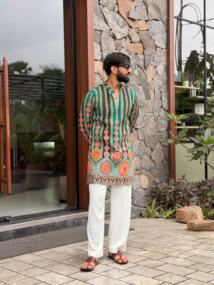 DARK GREEN DARBAR POSITION EMBROIDERED SHORT KURTA