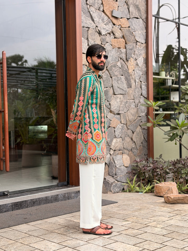 DARK GREEN DARBAR POSITION EMBROIDERED SHORT KURTA
