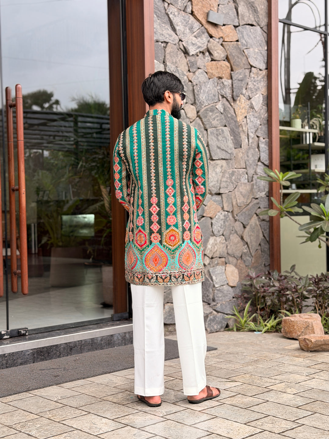 DARK GREEN DARBAR POSITION EMBROIDERED SHORT KURTA