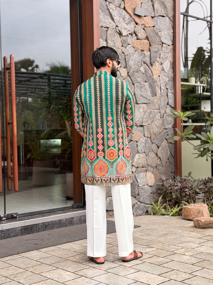 DARK GREEN DARBAR POSITION EMBROIDERED SHORT KURTA