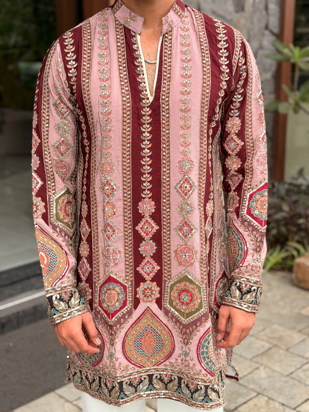 PEACH DARBAR POSITION EMBROIDERED SHORT KURTA