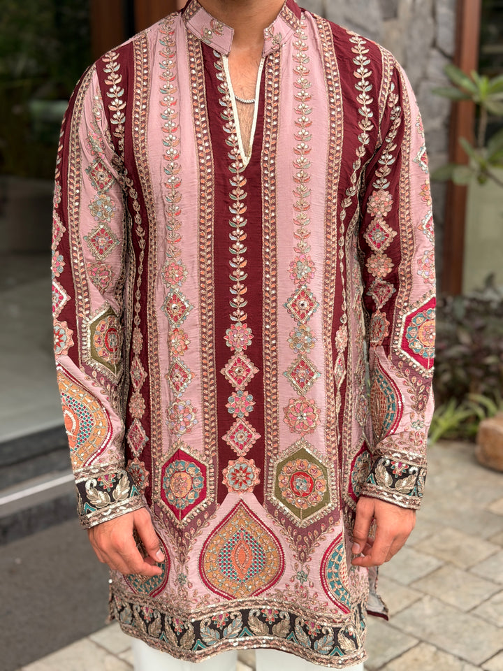 PEACH DARBAR POSITION EMBROIDERED SHORT KURTA