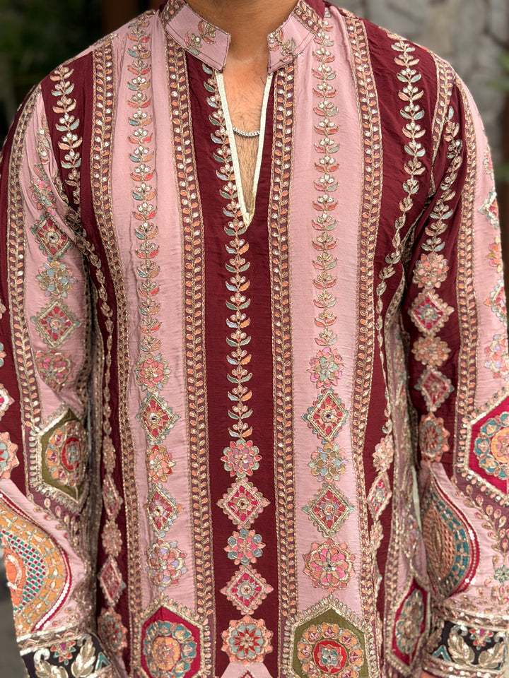 PEACH DARBAR POSITION EMBROIDERED SHORT KURTA