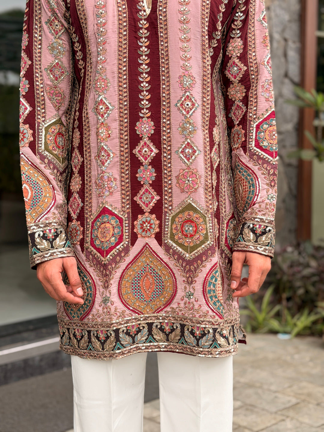 PEACH DARBAR POSITION EMBROIDERED SHORT KURTA