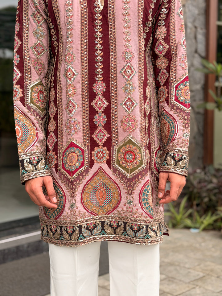 PEACH DARBAR POSITION EMBROIDERED SHORT KURTA