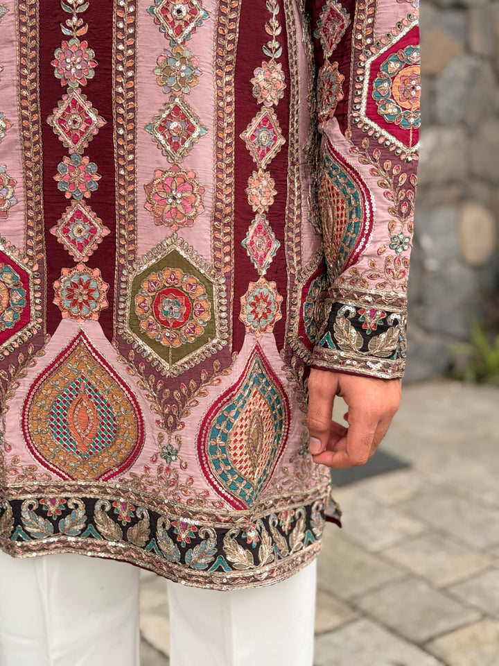 PEACH DARBAR POSITION EMBROIDERED SHORT KURTA