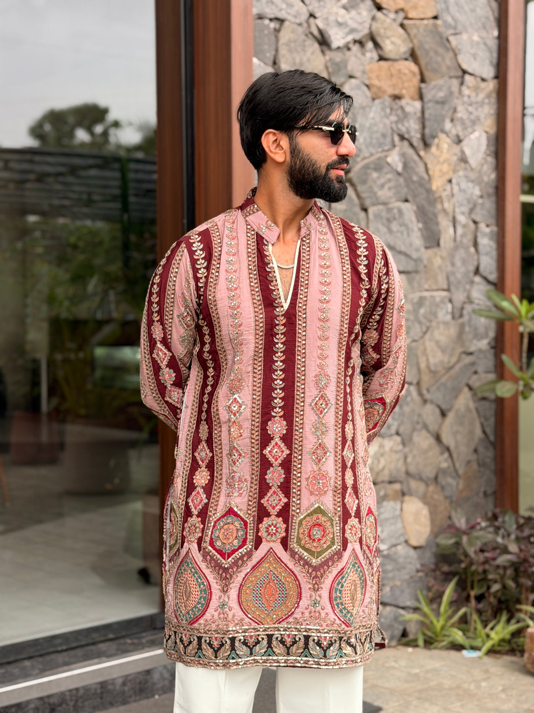PEACH DARBAR POSITION EMBROIDERED SHORT KURTA