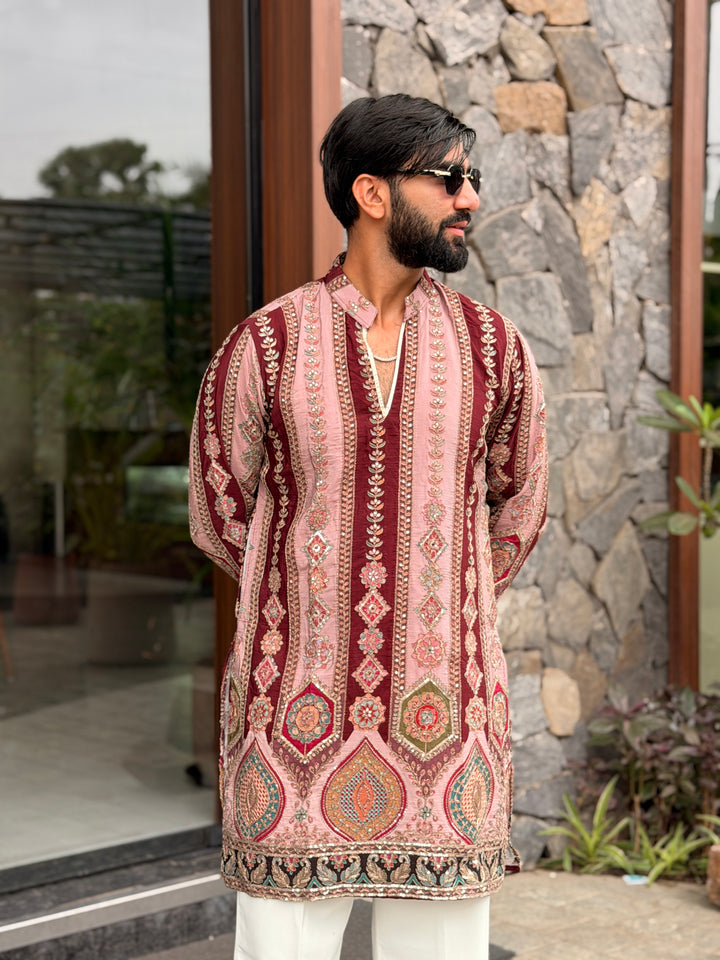 PEACH DARBAR POSITION EMBROIDERED SHORT KURTA
