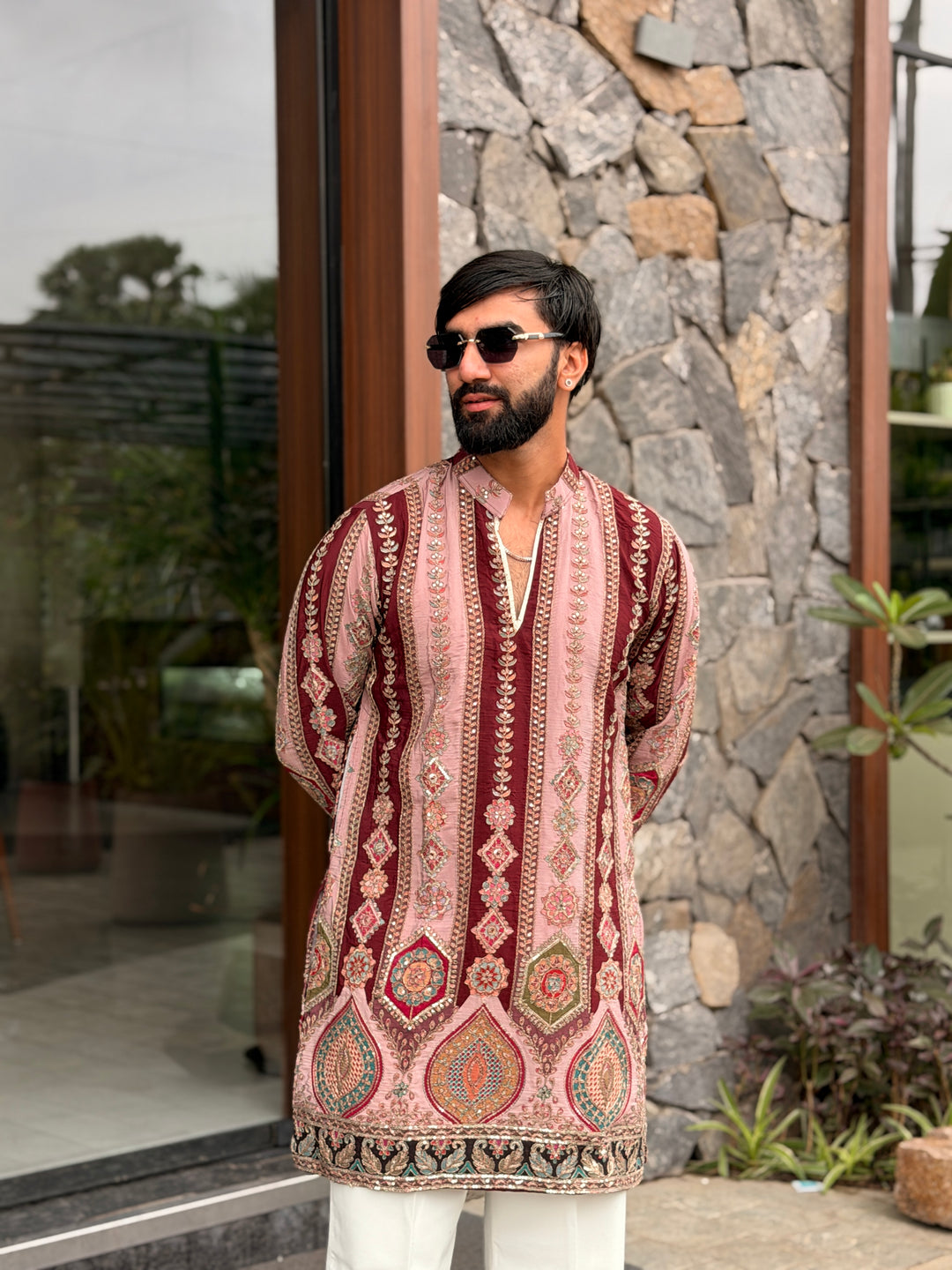 PEACH DARBAR POSITION EMBROIDERED SHORT KURTA
