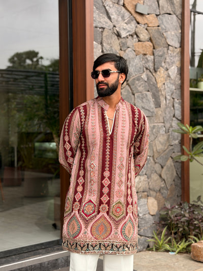 PEACH DARBAR POSITION EMBROIDERED SHORT KURTA