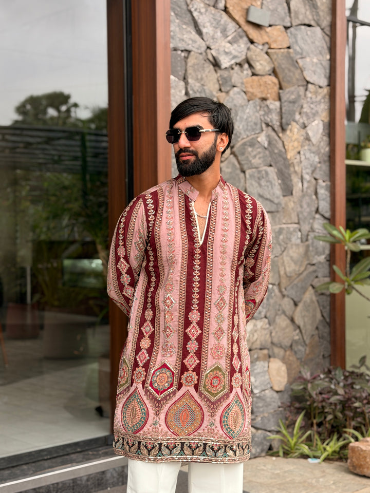 PEACH DARBAR POSITION EMBROIDERED SHORT KURTA