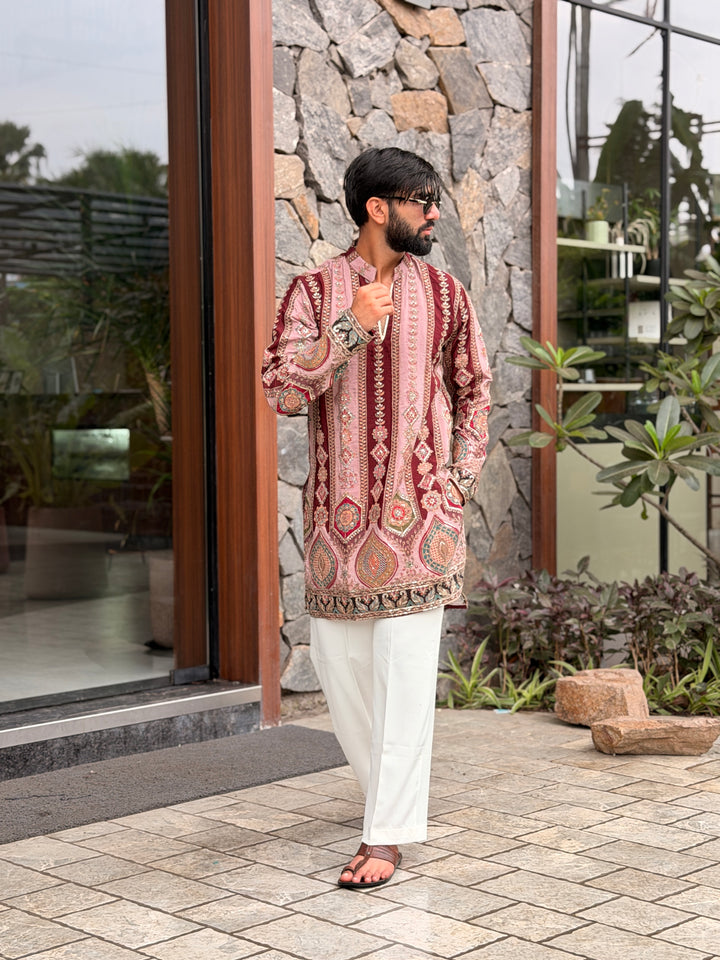 PEACH DARBAR POSITION EMBROIDERED SHORT KURTA