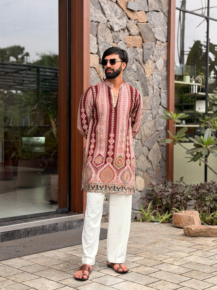 PEACH DARBAR POSITION EMBROIDERED SHORT KURTA