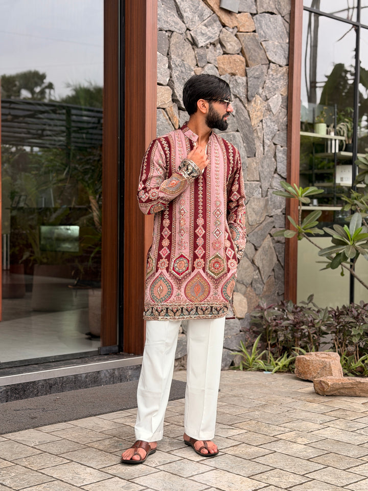 PEACH DARBAR POSITION EMBROIDERED SHORT KURTA