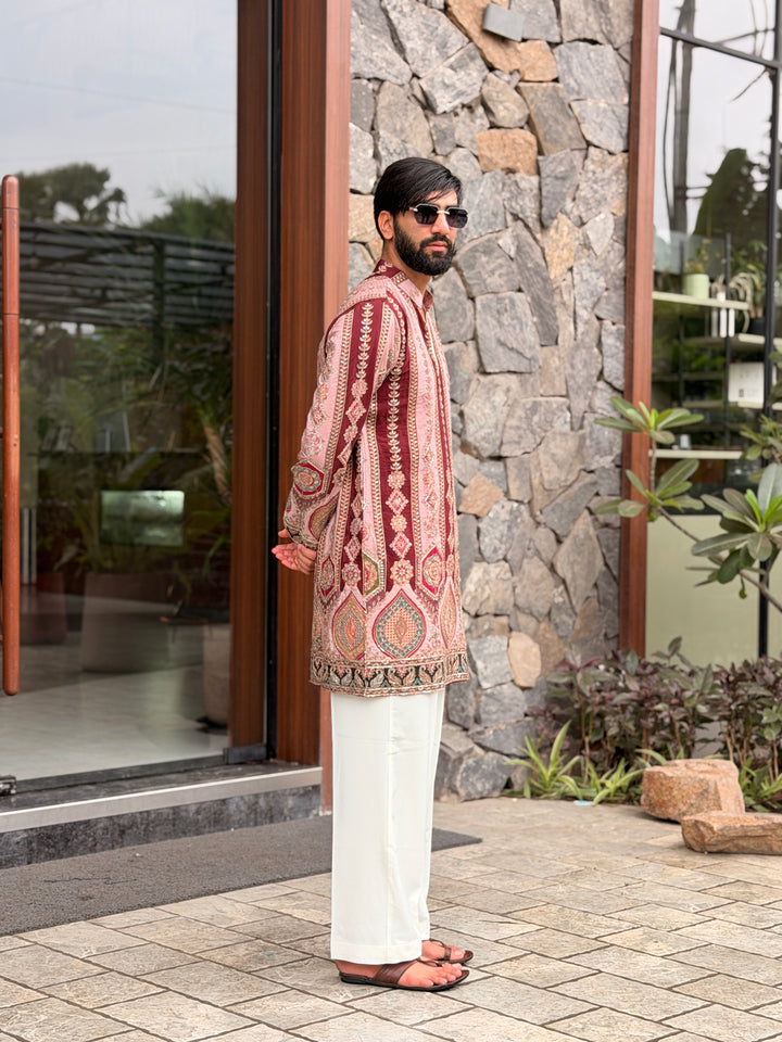 PEACH DARBAR POSITION EMBROIDERED SHORT KURTA